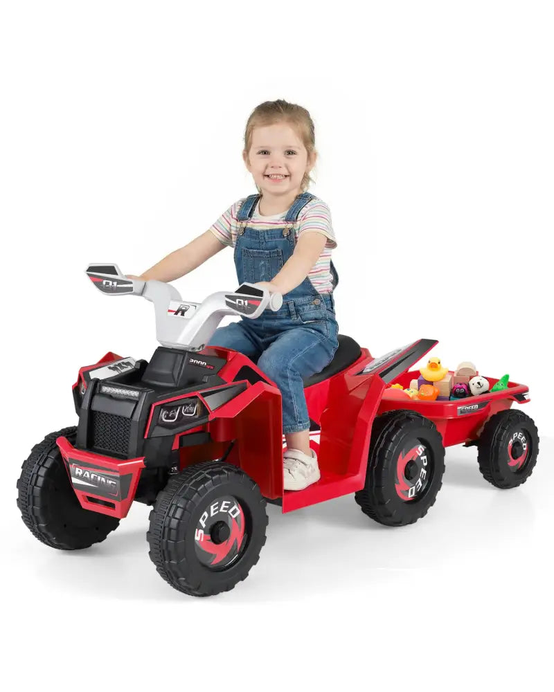6V Kids Electric ATV Quad Car with Detachable Trailer-Red - Red - Powered Ride On Toys