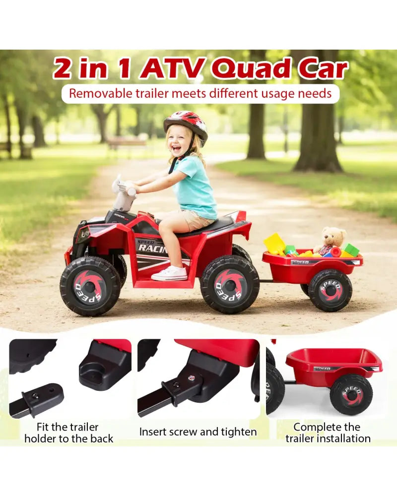 6V Kids Electric ATV Quad Car with Detachable Trailer-Red - Red - Powered Ride On Toys