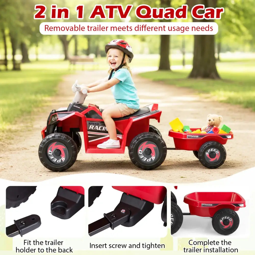 6V Kids Electric ATV Quad Car with Detachable Trailer-Red - Red - Powered Ride On Toys