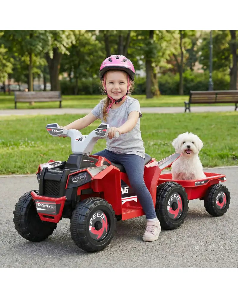 6V Kids Electric ATV Quad Car with Detachable Trailer-Red - Red - Powered Ride On Toys
