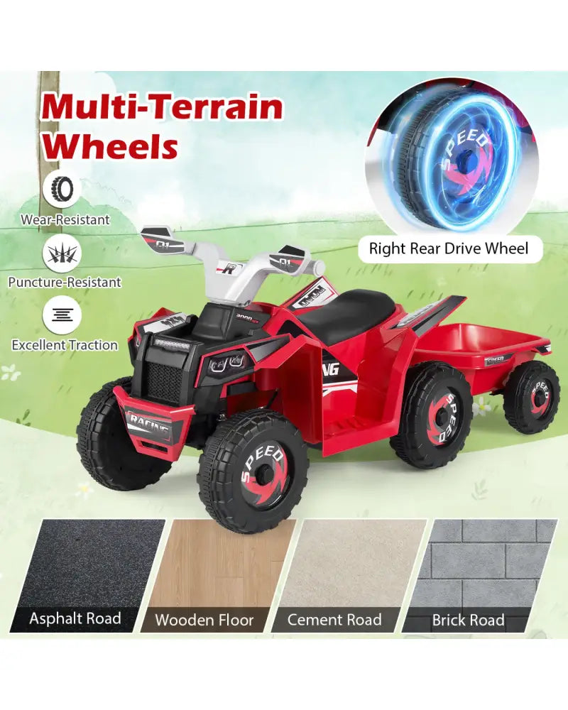 6V Kids Electric ATV Quad Car with Detachable Trailer-Red - Red - Powered Ride On Toys