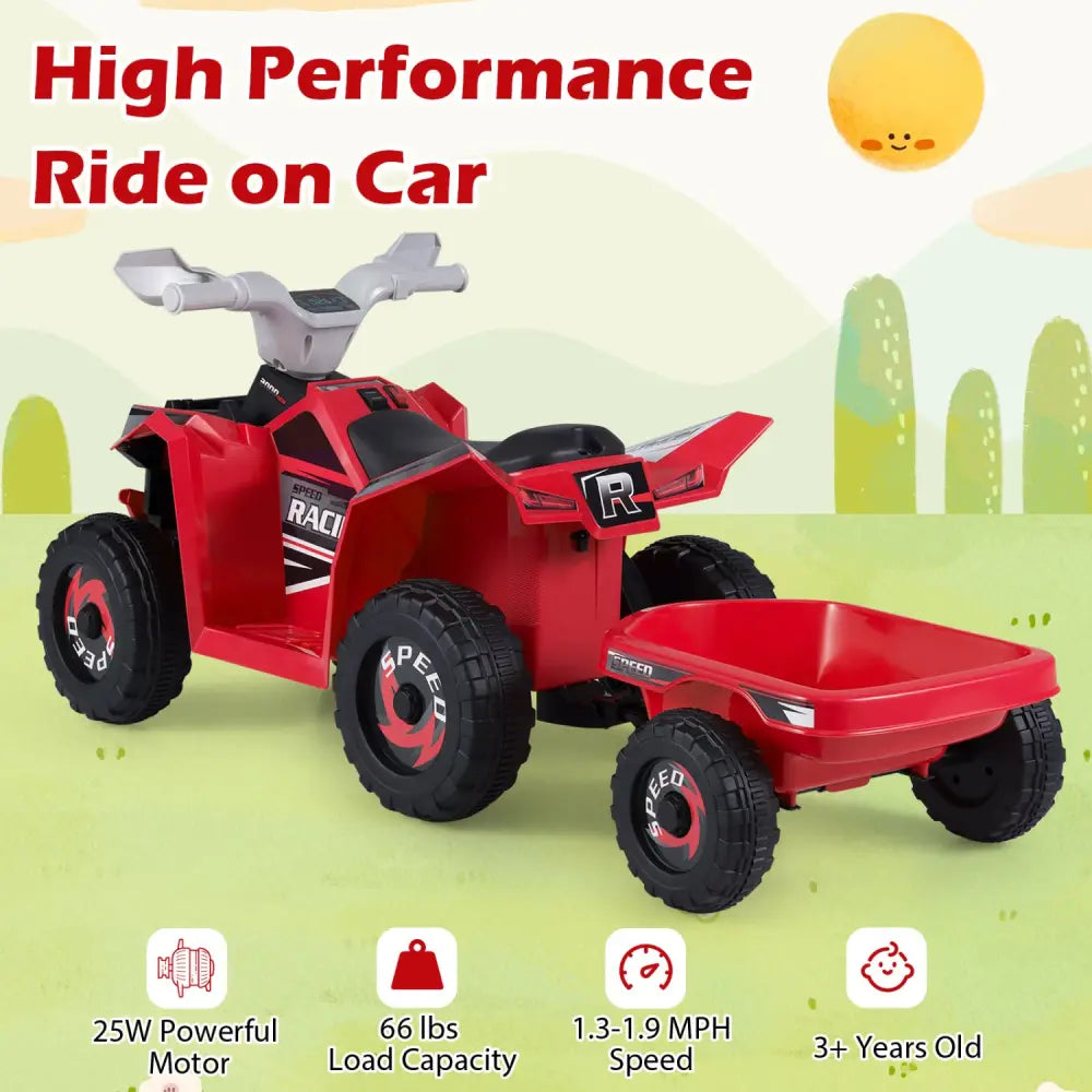 6V Kids Electric ATV Quad Car with Detachable Trailer-Red - Red - Powered Ride On Toys