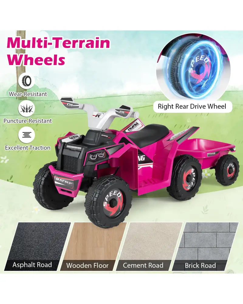 6V Kids Electric ATV Quad Car with Detachable Trailer-Rose Red - Rose Red - Powered Ride On Toys