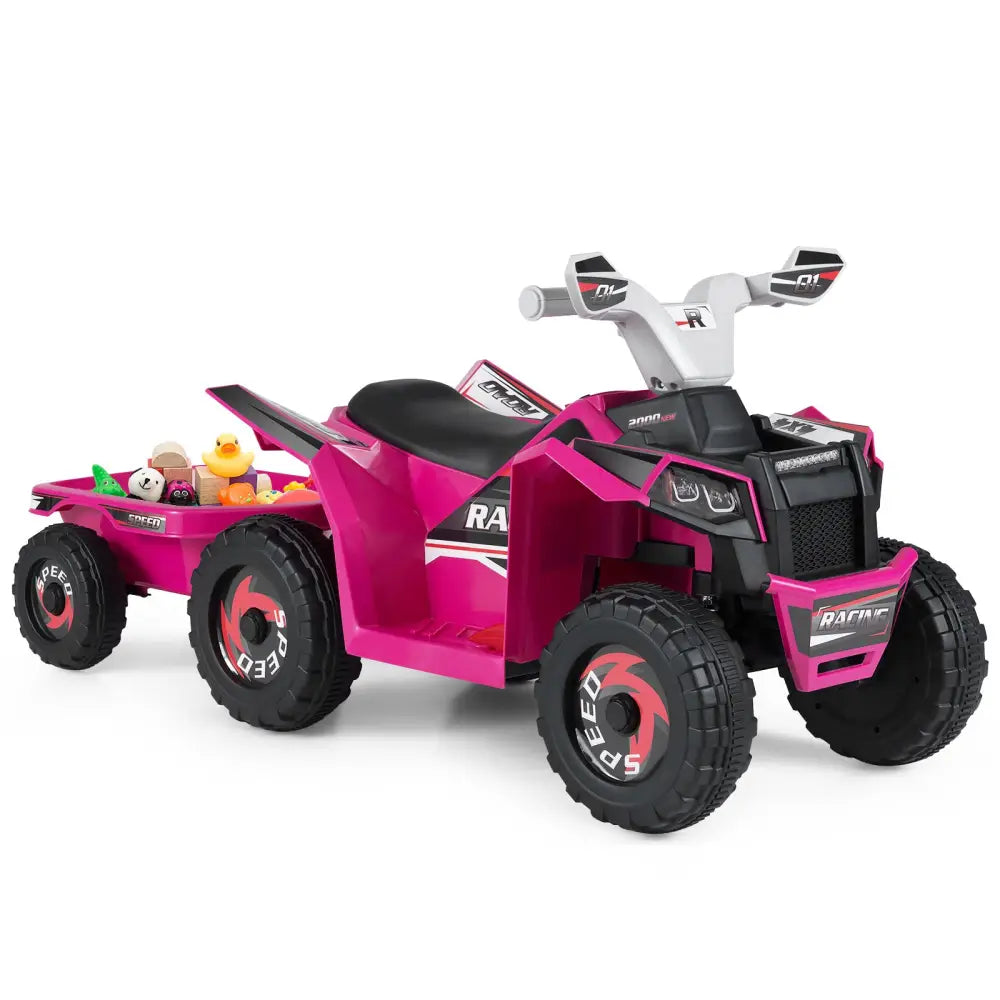 6V Kids Electric ATV Quad Car with Detachable Trailer-Rose Red - Rose Red - Powered Ride On Toys