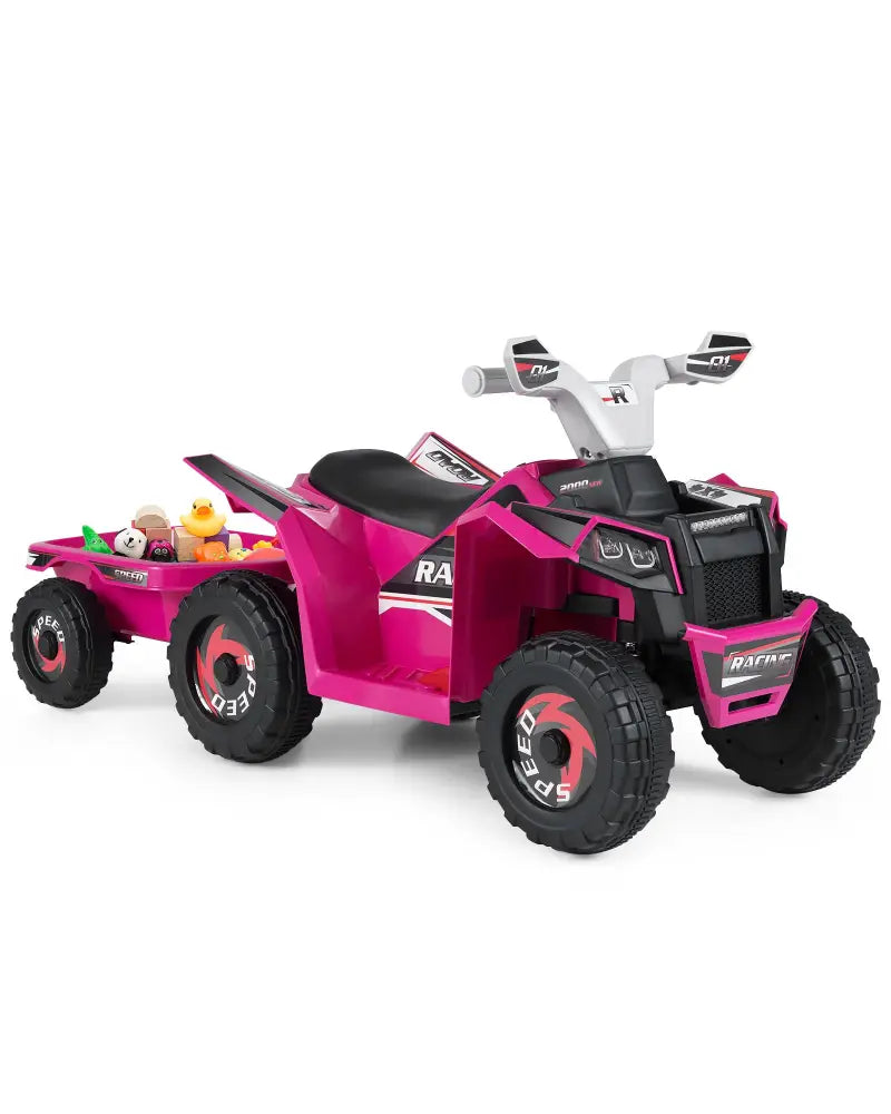 6V Kids Electric ATV Quad Car with Detachable Trailer-Rose Red - Rose Red - Powered Ride On Toys