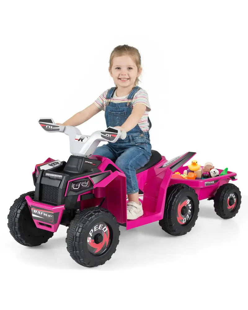 6V Kids Electric ATV Quad Car with Detachable Trailer-Rose Red - Rose Red - Powered Ride On Toys