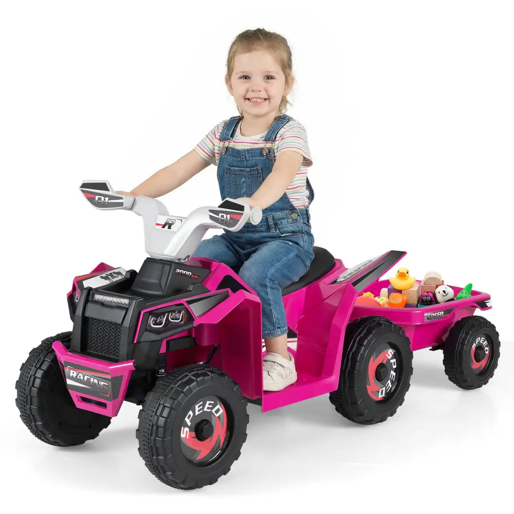 6V Kids Electric ATV Quad Car with Detachable Trailer-Rose Red - Rose Red - Powered Ride On Toys