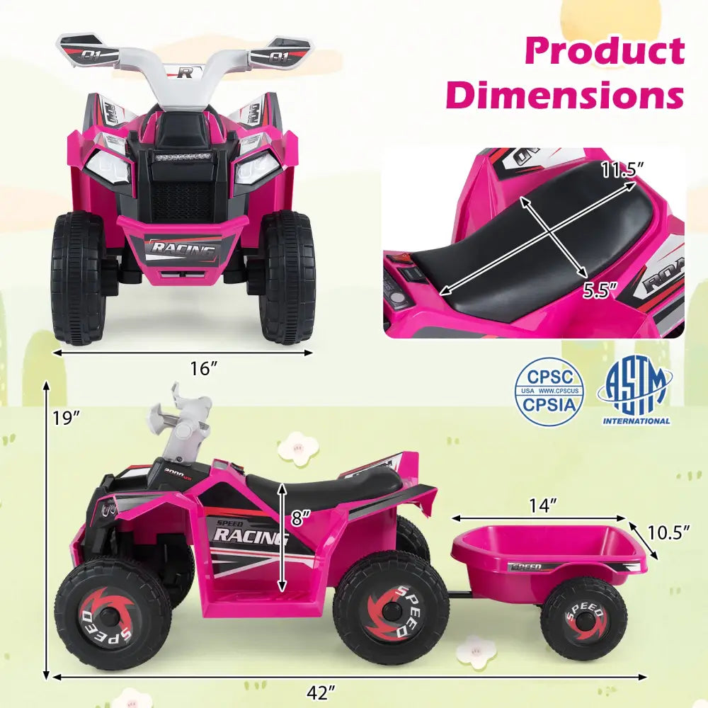 6V Kids Electric ATV Quad Car with Detachable Trailer-Rose Red - Rose Red - Powered Ride On Toys