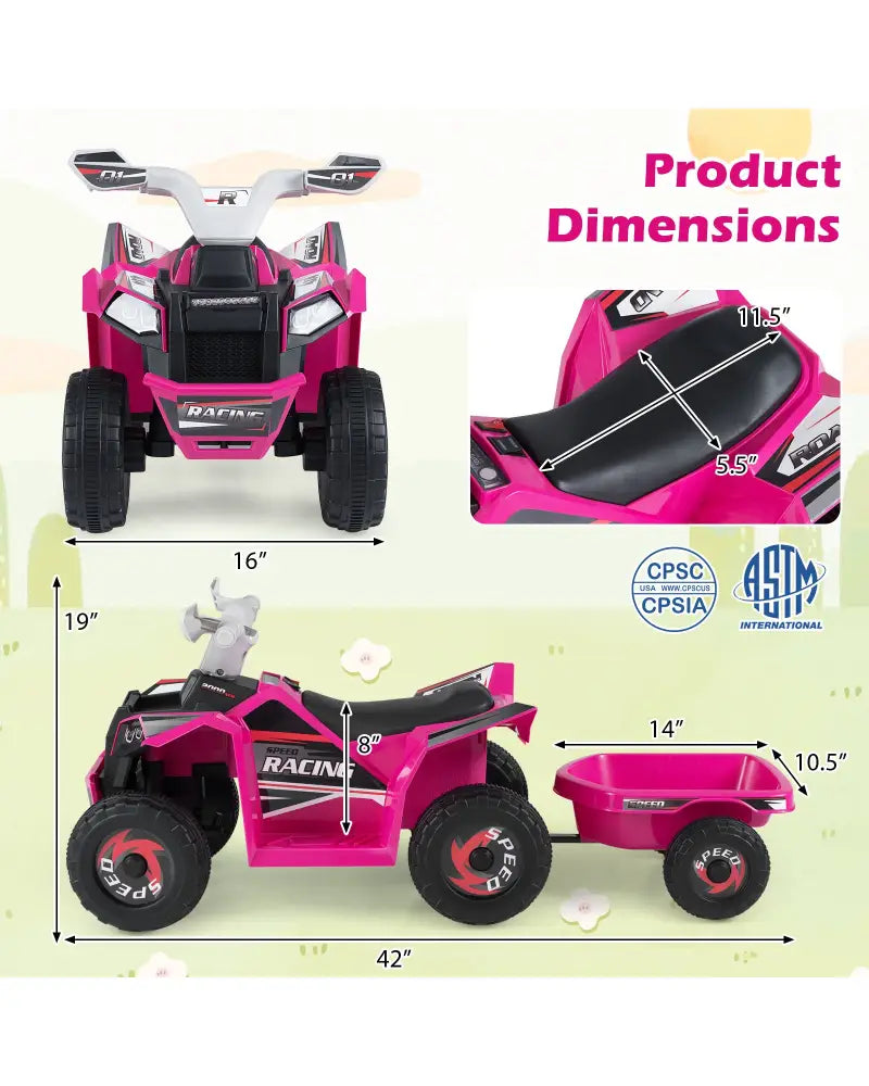 6V Kids Electric ATV Quad Car with Detachable Trailer-Rose Red - Rose Red - Powered Ride On Toys