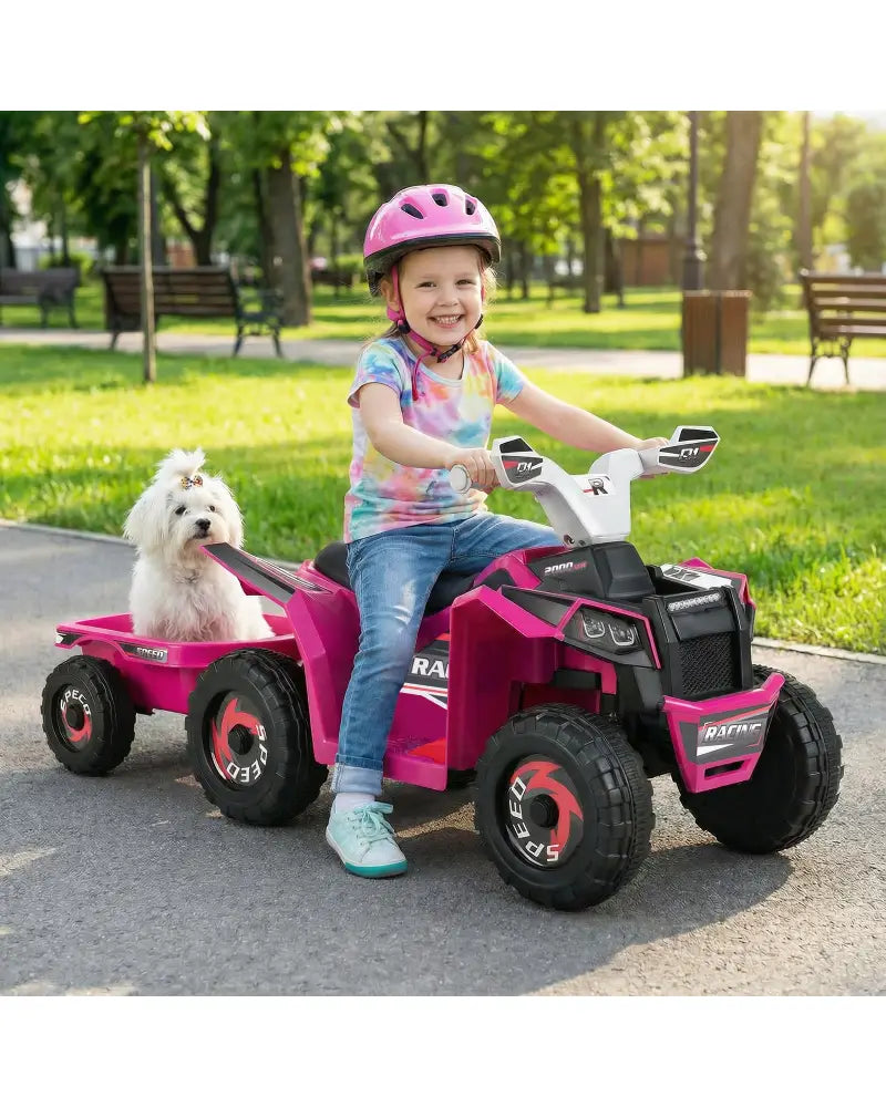 6V Kids Electric ATV Quad Car with Detachable Trailer-Rose Red - Rose Red - Powered Ride On Toys