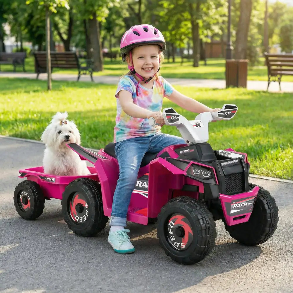 6V Kids Electric ATV Quad Car with Detachable Trailer-Rose Red - Rose Red - Powered Ride On Toys