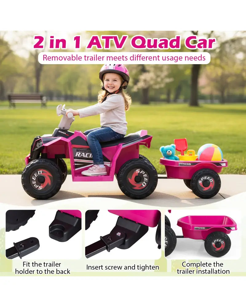 6V Kids Electric ATV Quad Car with Detachable Trailer-Rose Red - Rose Red - Powered Ride On Toys
