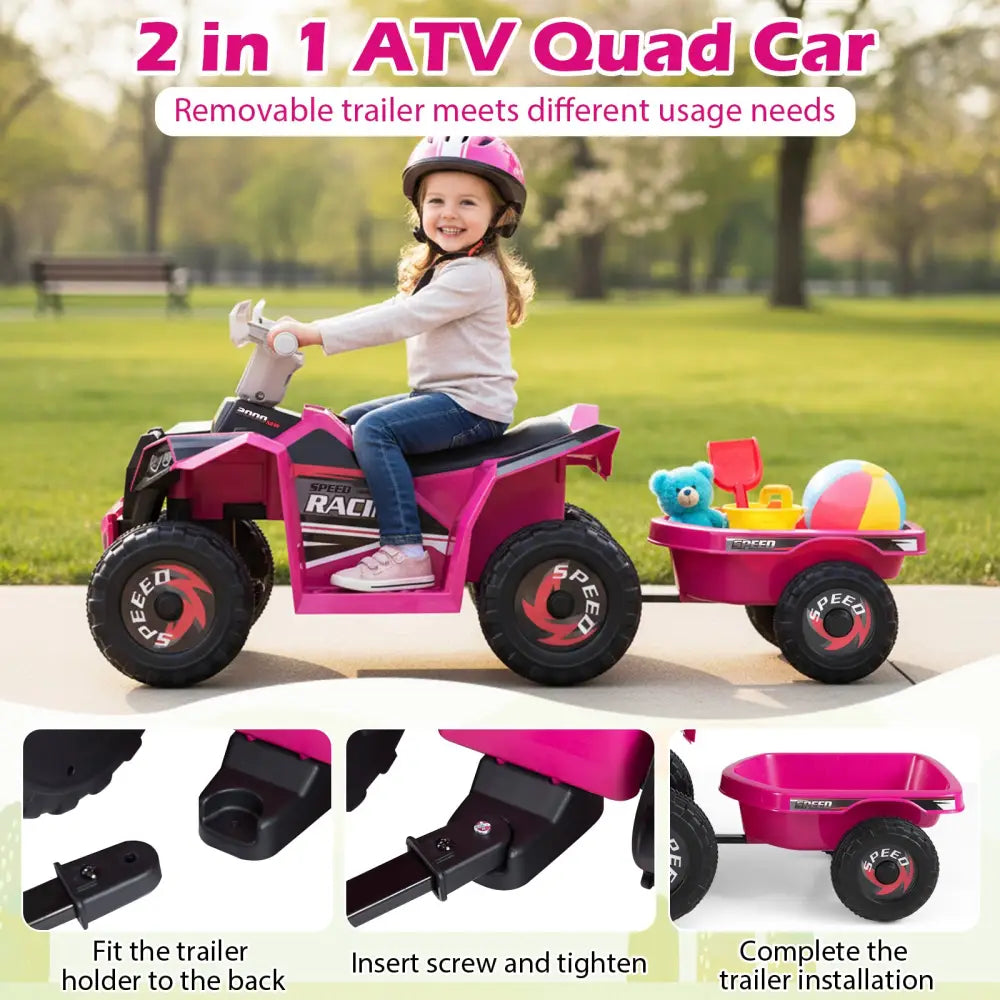 6V Kids Electric ATV Quad Car with Detachable Trailer-Rose Red - Rose Red - Powered Ride On Toys