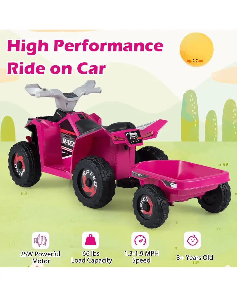 6V Kids Electric ATV Quad Car with Detachable Trailer-Rose Red - Rose Red - Powered Ride On Toys