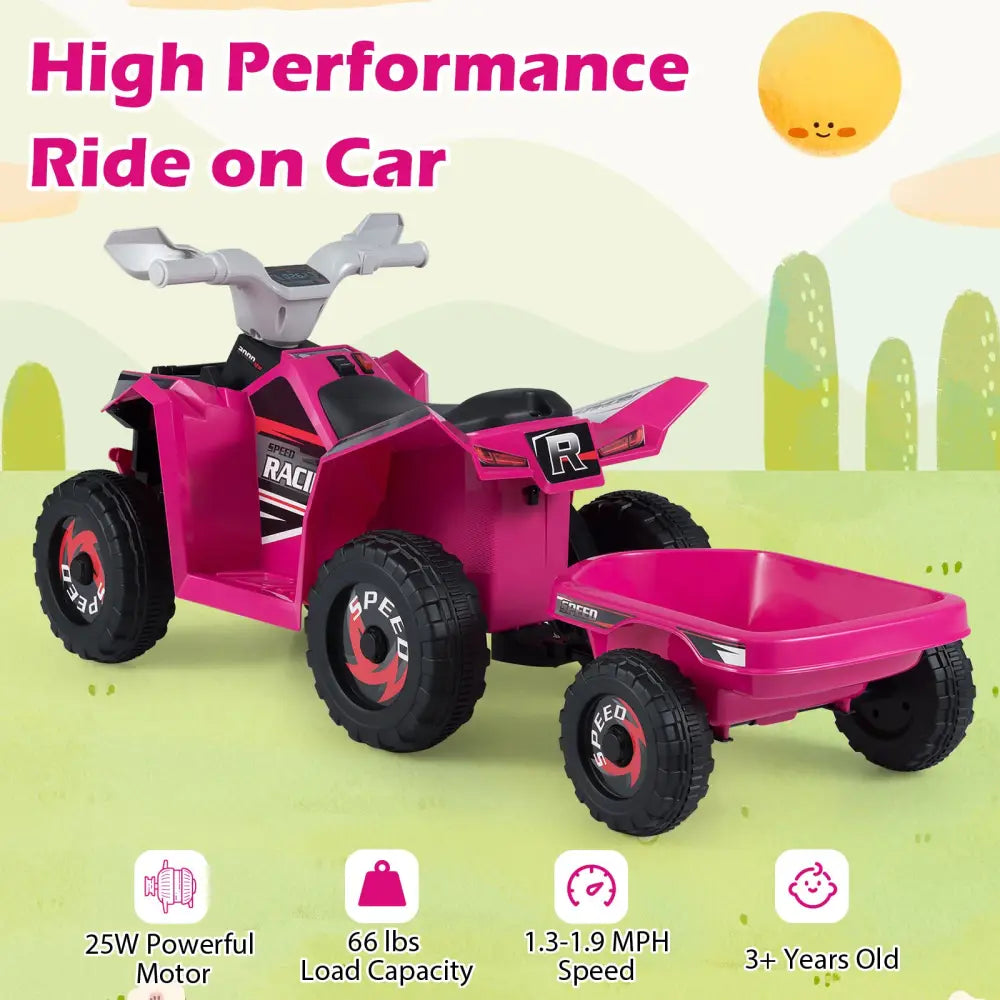 6V Kids Electric ATV Quad Car with Detachable Trailer-Rose Red - Rose Red - Powered Ride On Toys