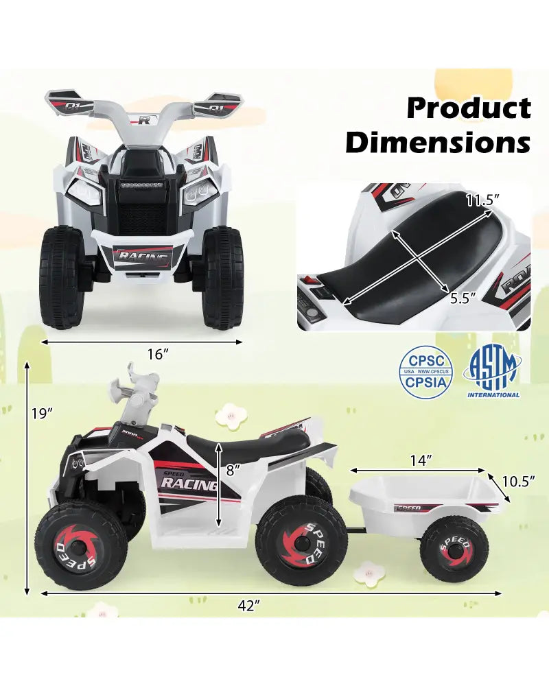 6V Kids Electric ATV Quad Car with Detachable Trailer-White - White - Powered Ride On Toys