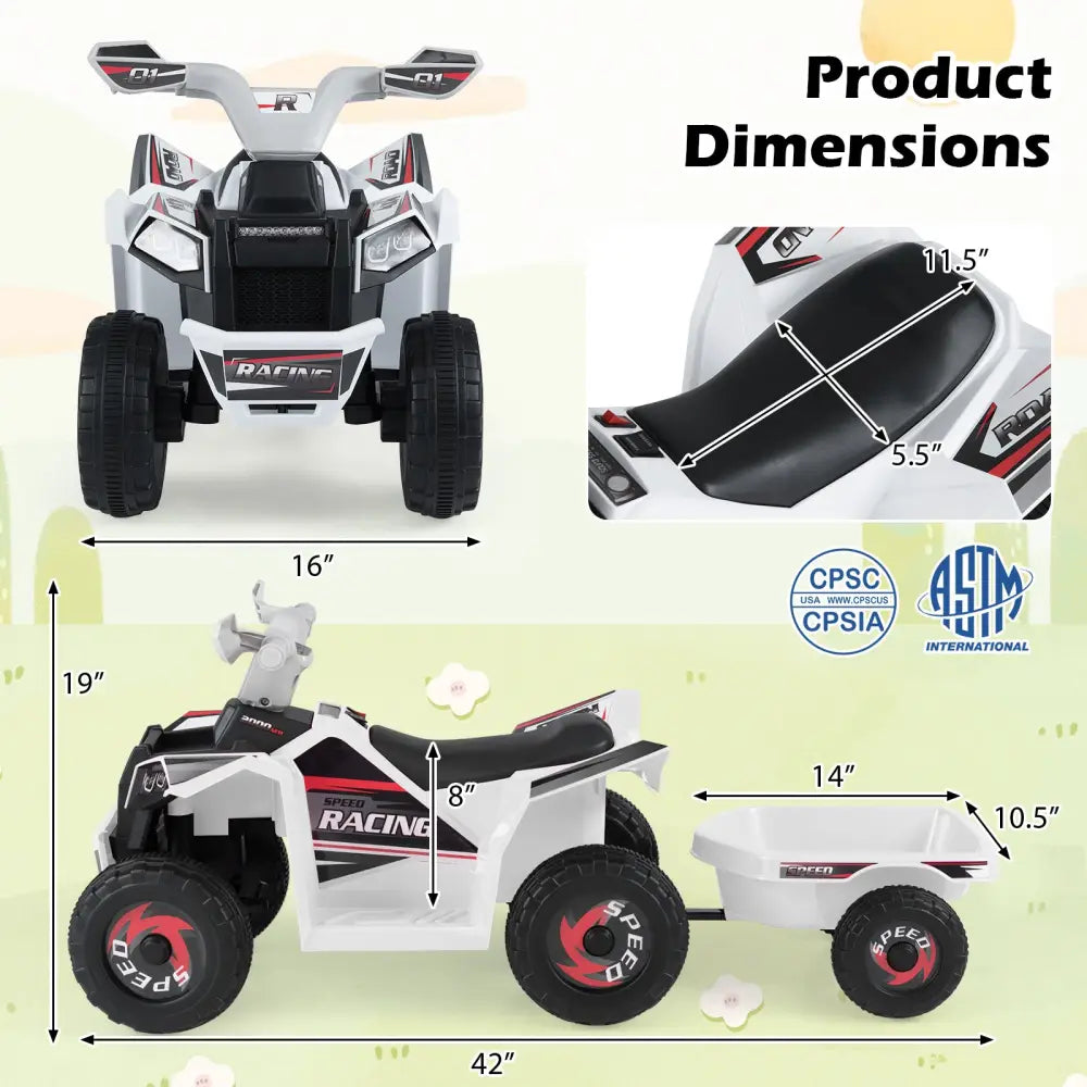6V Kids Electric ATV Quad Car with Detachable Trailer-White - White - Powered Ride On Toys