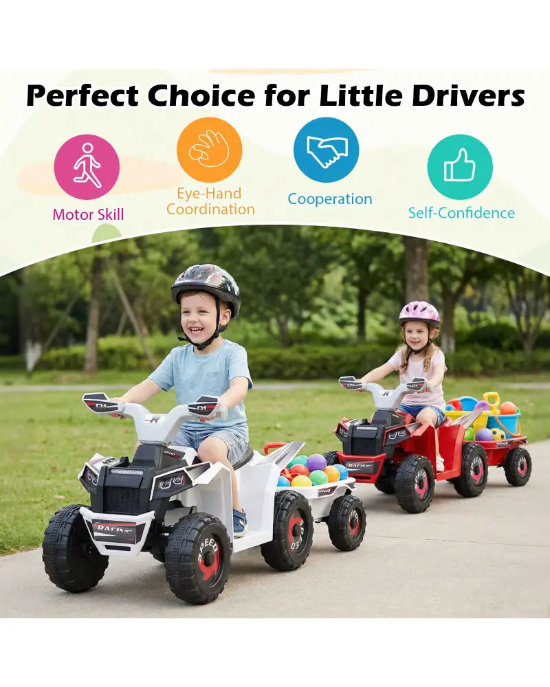 6V Kids Electric ATV Quad Car with Detachable Trailer-White - White - Powered Ride On Toys