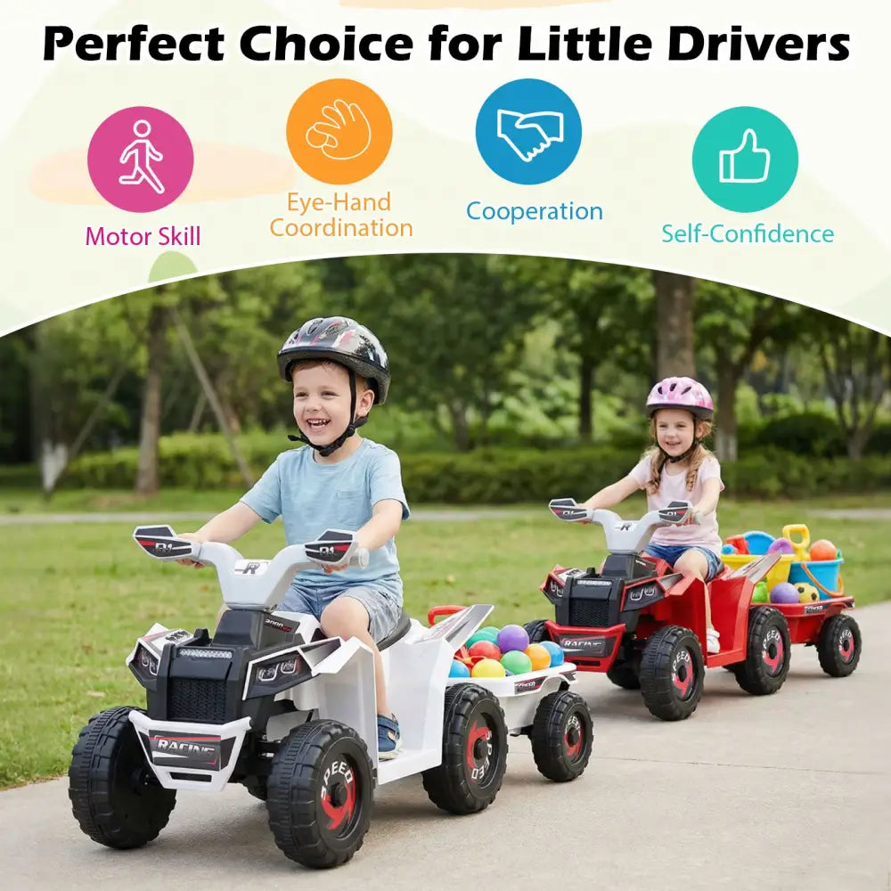 6V Kids Electric ATV Quad Car with Detachable Trailer-White - White - Powered Ride On Toys