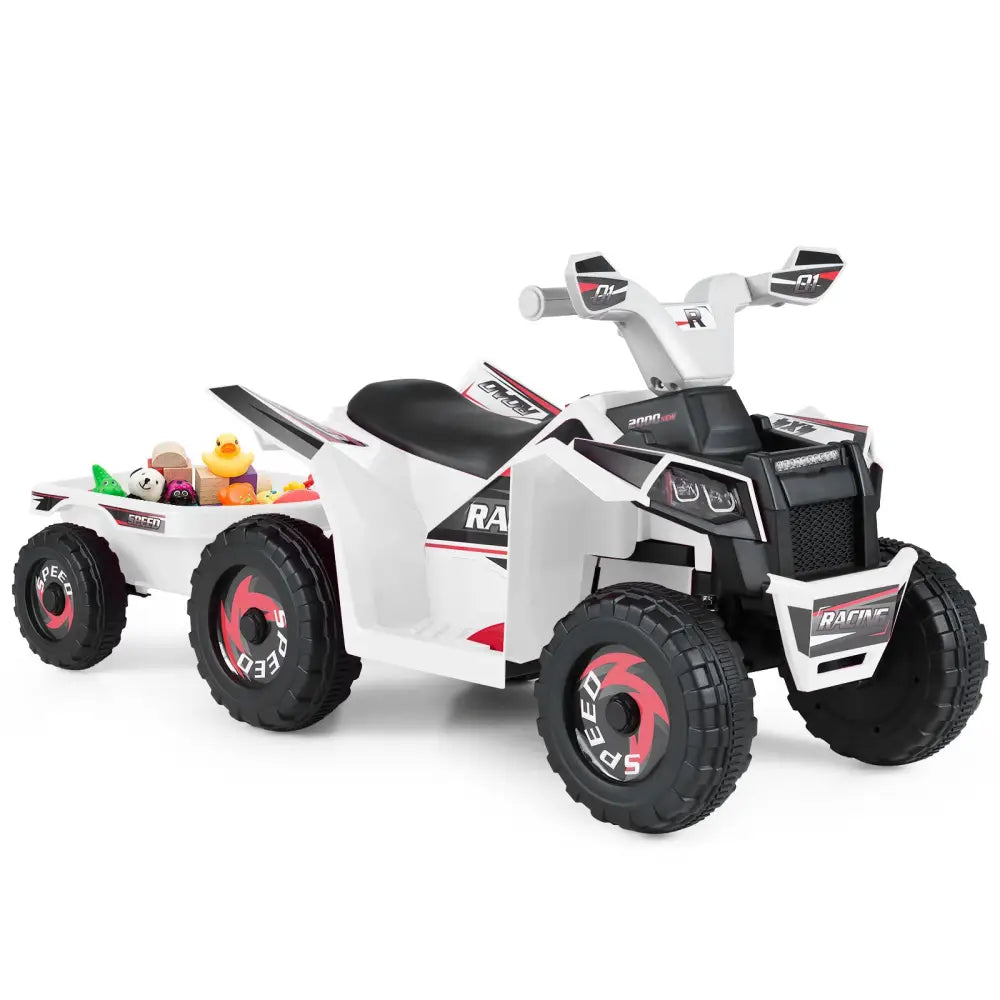 6V Kids Electric ATV Quad Car with Detachable Trailer-White - White - Powered Ride On Toys