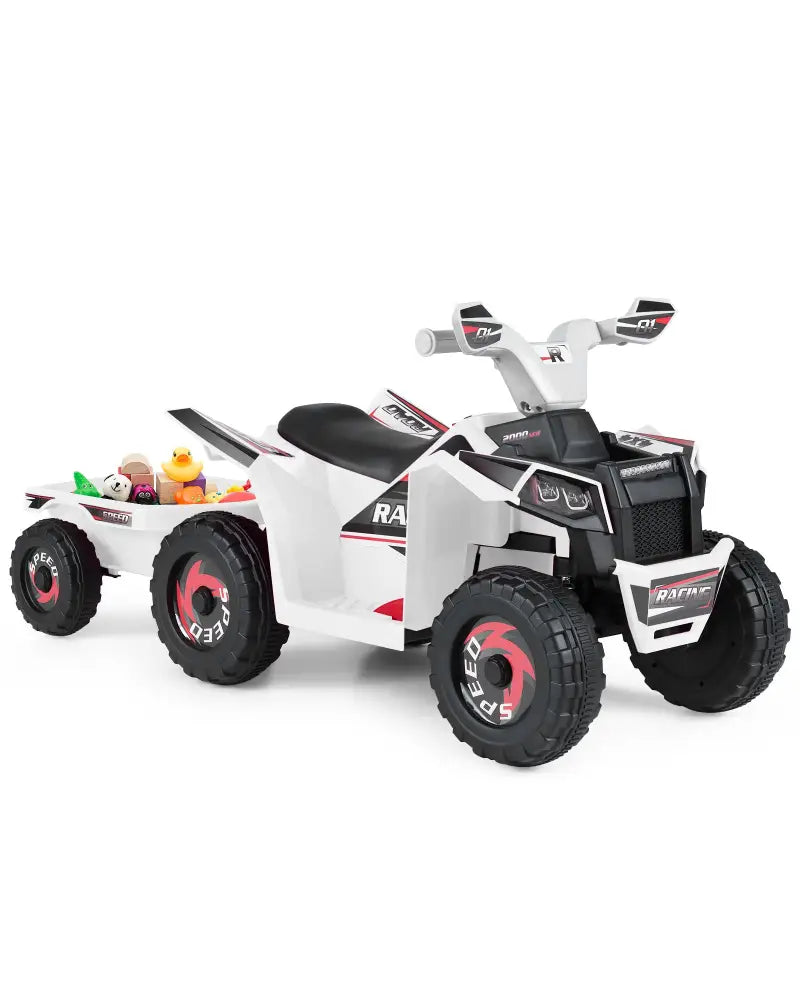6V Kids Electric ATV Quad Car with Detachable Trailer-White - White - Powered Ride On Toys