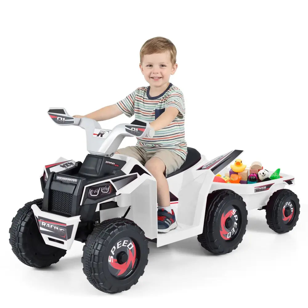 6V Kids Electric ATV Quad Car with Detachable Trailer-White - White - Powered Ride On Toys