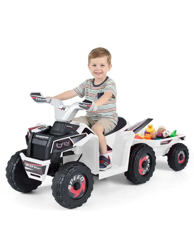 6V Kids Electric ATV Quad Car with Detachable Trailer-White - White - Powered Ride On Toys