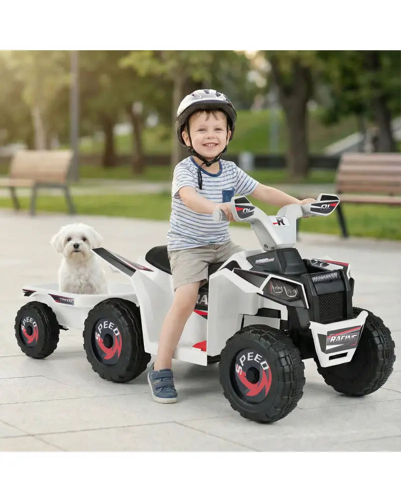 6V Kids Electric ATV Quad Car with Detachable Trailer-White - White - Powered Ride On Toys