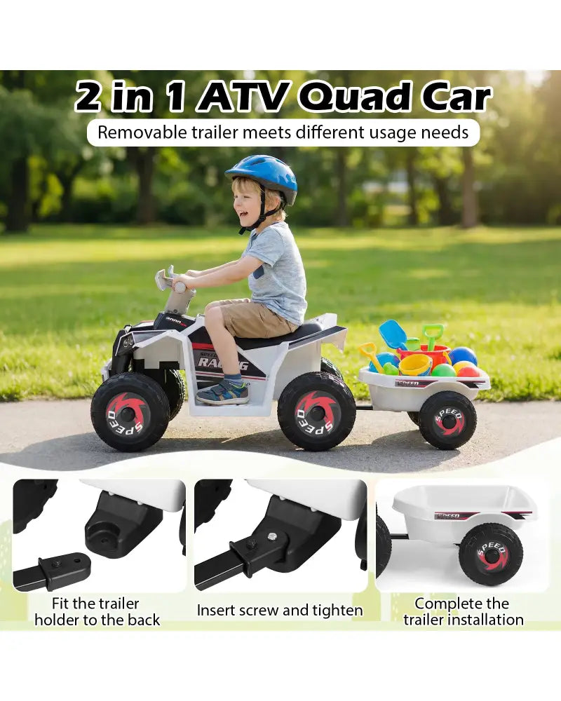 6V Kids Electric ATV Quad Car with Detachable Trailer-White - White - Powered Ride On Toys