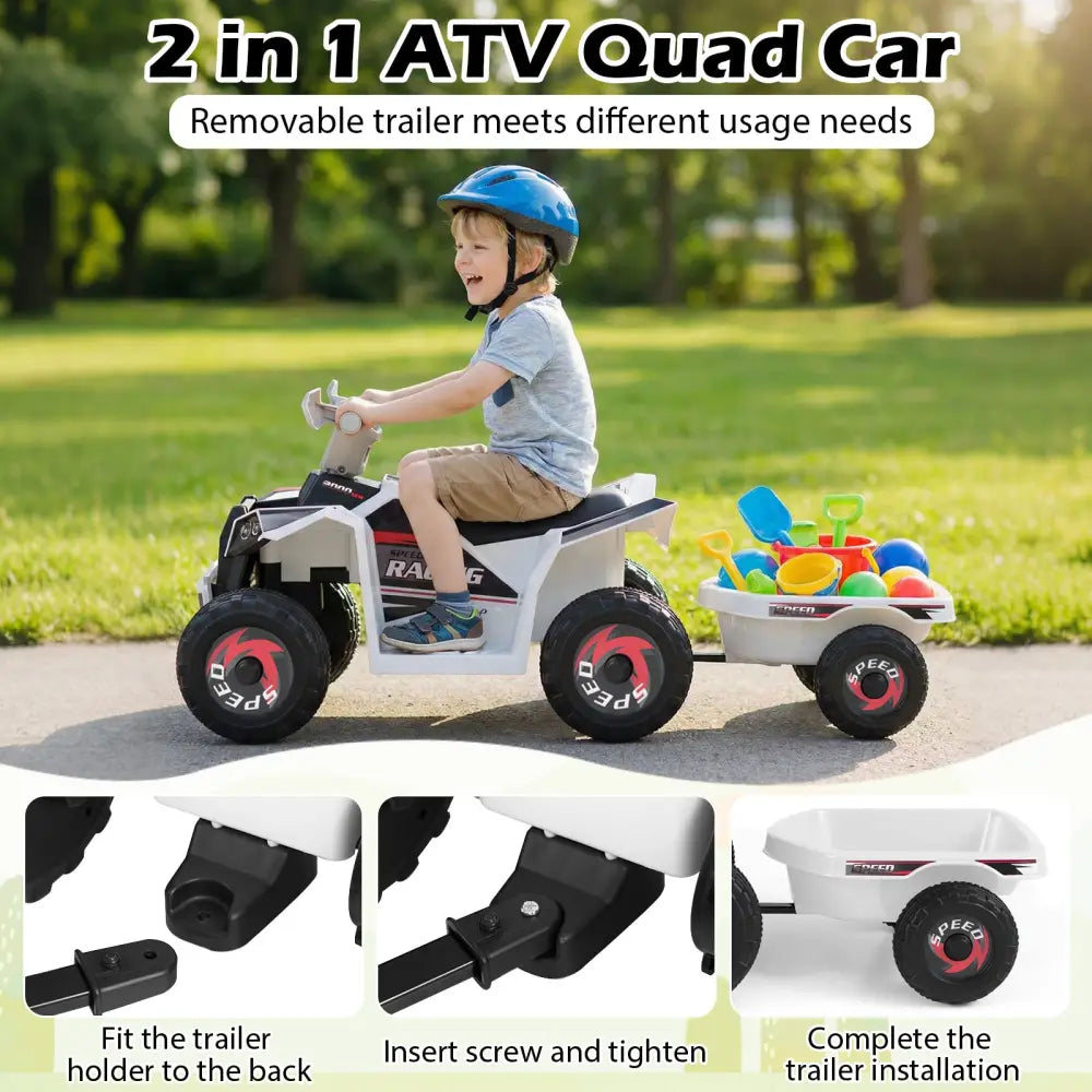 6V Kids Electric ATV Quad Car with Detachable Trailer-White - White - Powered Ride On Toys