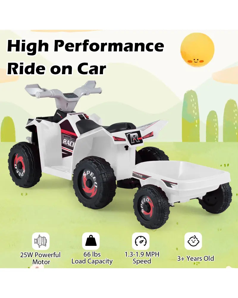 6V Kids Electric ATV Quad Car with Detachable Trailer-White - White - Powered Ride On Toys