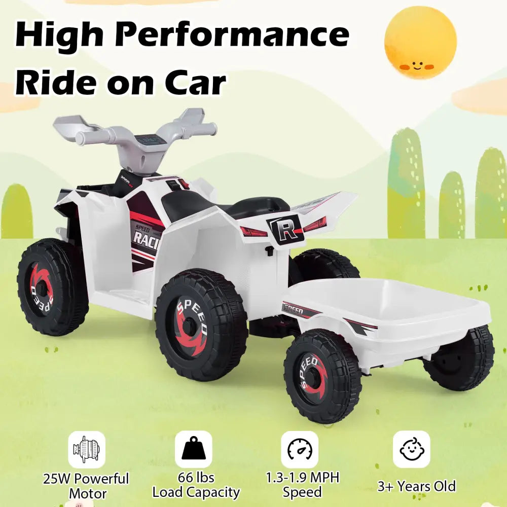 6V Kids Electric ATV Quad Car with Detachable Trailer-White - White - Powered Ride On Toys