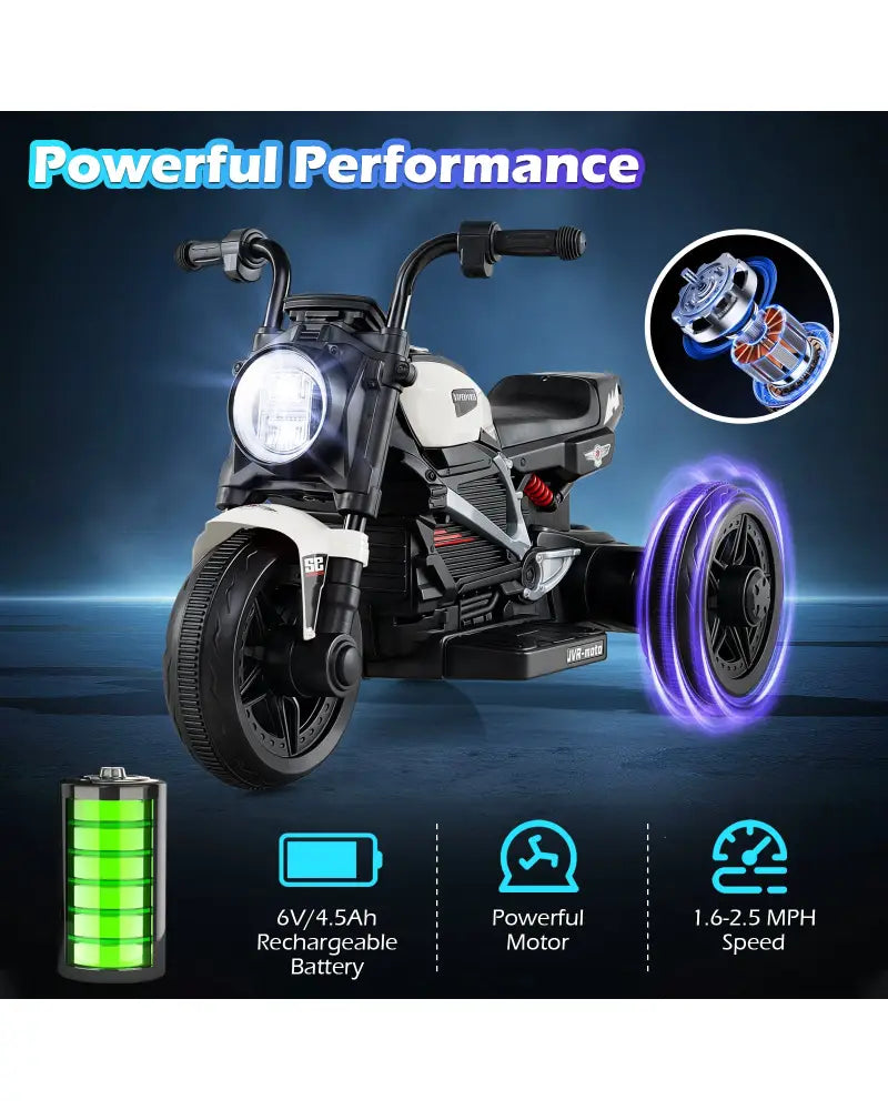 6V Kids Electric Motorcycle with LED Headlight and Music for Toddlers Aged 3-5-White - White - Powered Ride On Toys