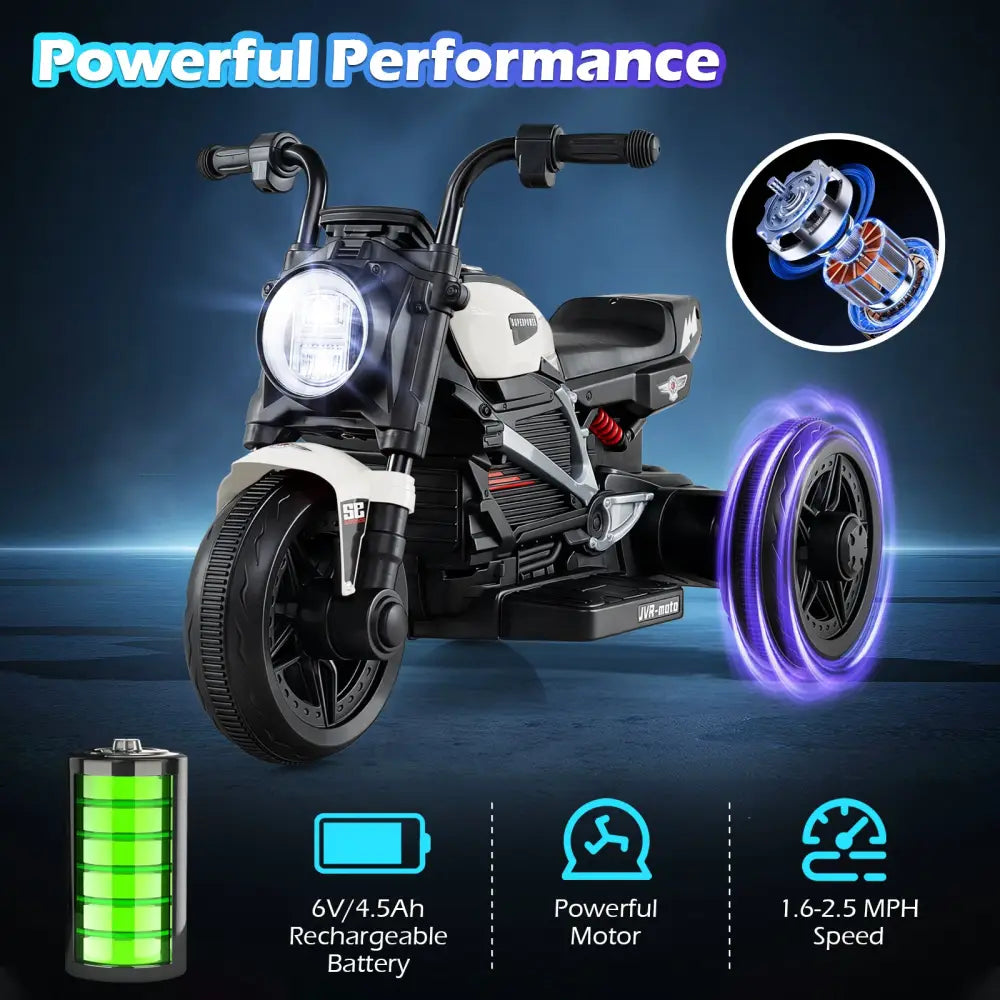 6V Kids Electric Motorcycle with LED Headlight and Music for Toddlers Aged 3-5-White - White - Powered Ride On Toys