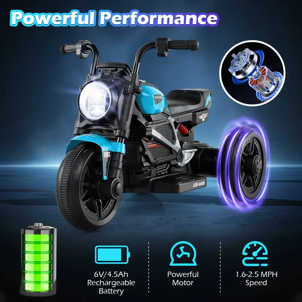 6V Kids Electric Motorcycle with LED Headlight and Music for Toddlers Aged 3-5-Blue - Blue - Powered Ride On Toys