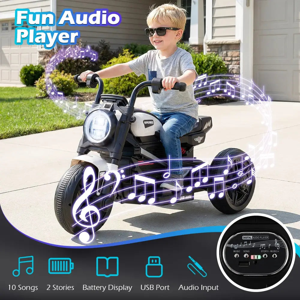 6V Kids Electric Motorcycle with LED Headlight and Music for Toddlers Aged 3-5-White - White - Powered Ride On Toys