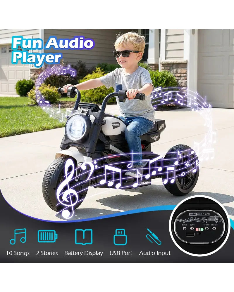 6V Kids Electric Motorcycle with LED Headlight and Music for Toddlers Aged 3-5-White - White - Powered Ride On Toys