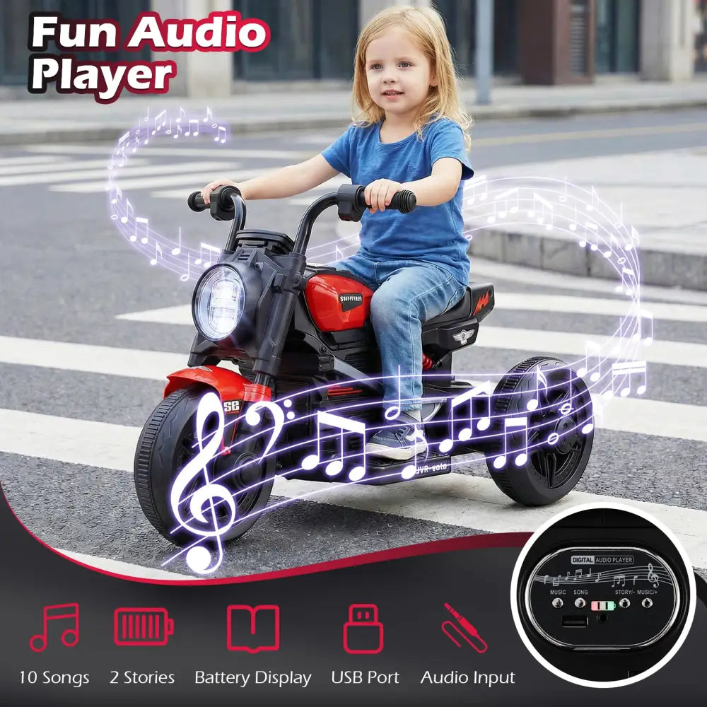6V Kids Electric Motorcycle with LED Headlight and Music for Toddlers Aged 3-5-Red - Red - Powered Ride On Toys