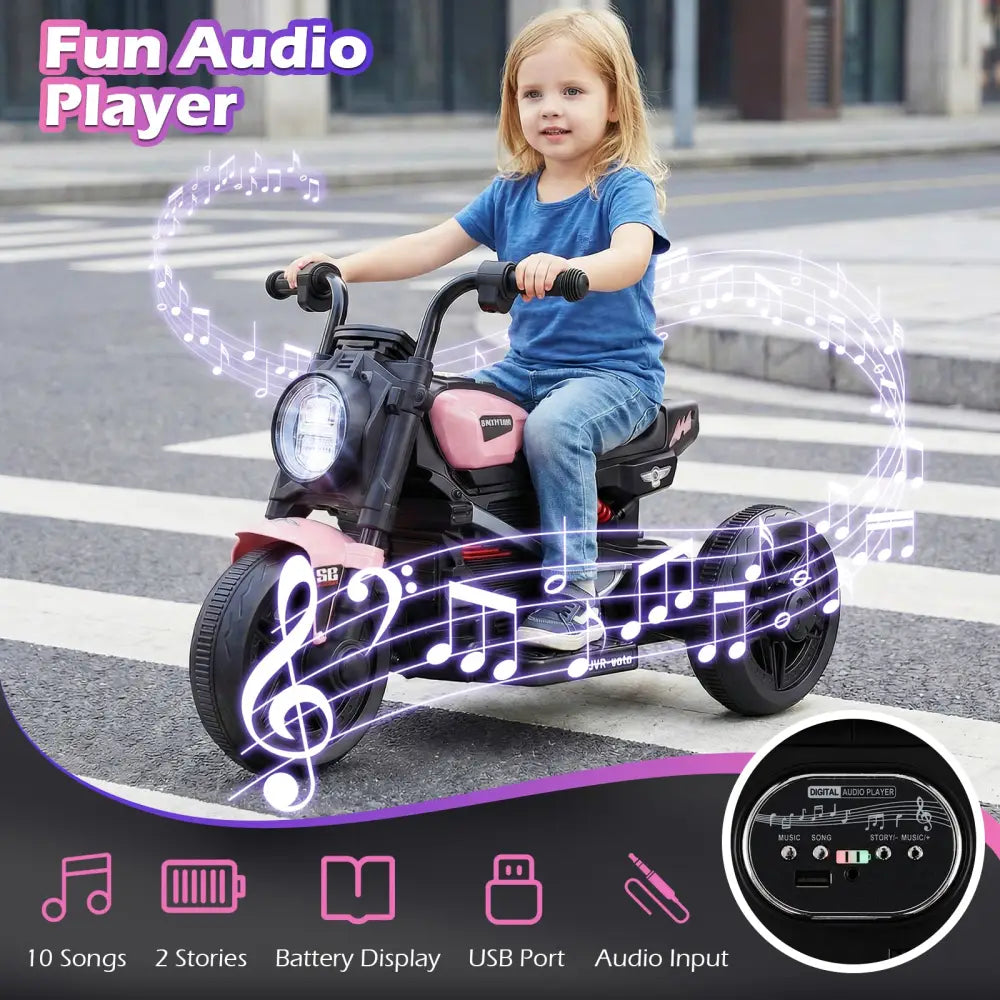 6V Kids Electric Motorcycle with LED Headlight and Music for Toddlers Aged 3-5-Pink - Pink - Powered Ride On Toys