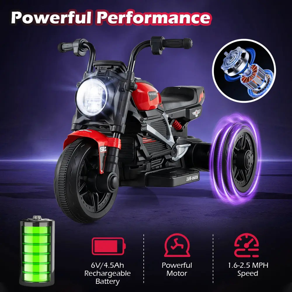 6V Kids Electric Motorcycle with LED Headlight and Music for Toddlers Aged 3-5-Red - Red - Powered Ride On Toys