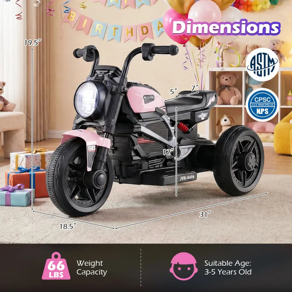 6V Kids Electric Motorcycle with LED Headlight and Music for Toddlers Aged 3-5-Pink - Pink - Powered Ride On Toys