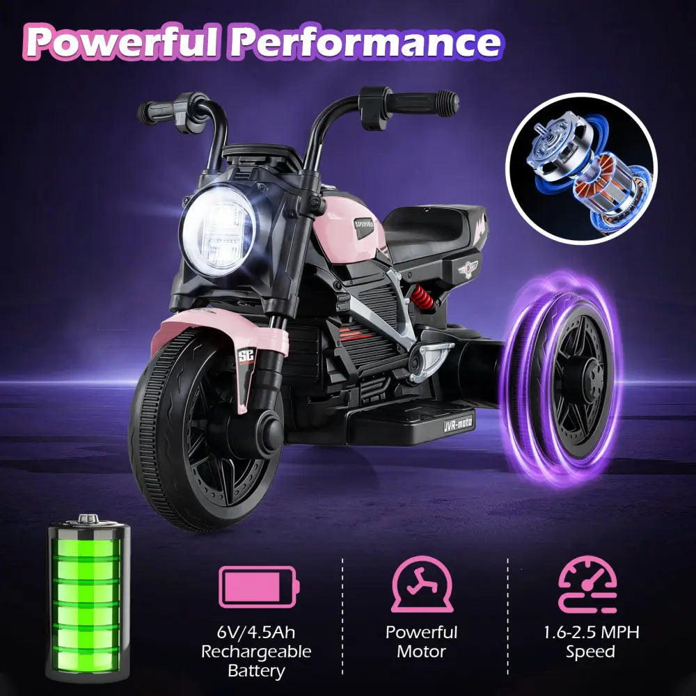 6V Kids Electric Motorcycle with LED Headlight and Music for Toddlers Aged 3-5-Pink - Pink - Powered Ride On Toys