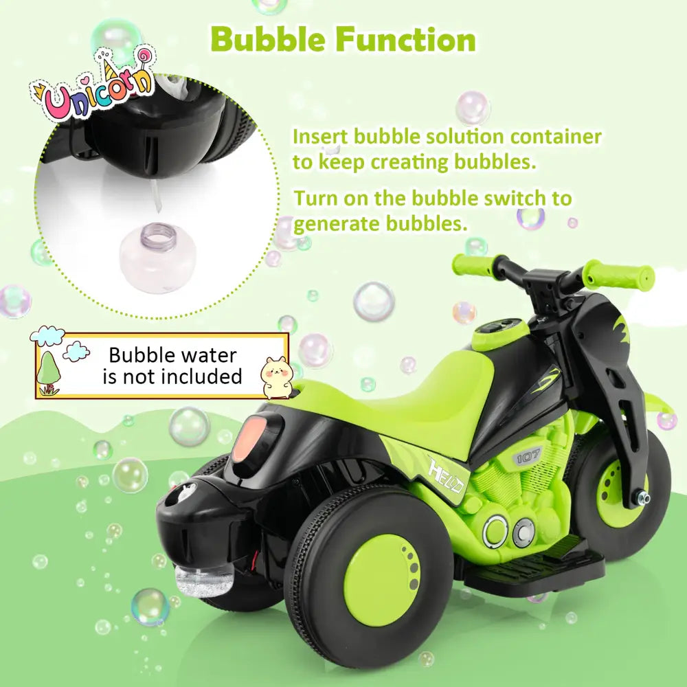 6V Kids Electric Ride on Motorcycle with Bubble Maker and Music-Green - Green - Powered Ride On Toys