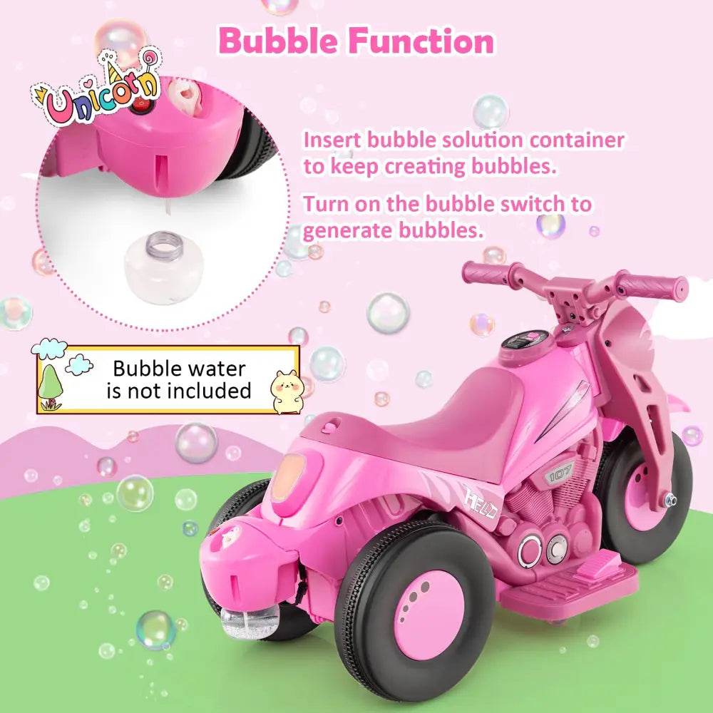 6V Kids Electric Ride on Motorcycle with Bubble Maker and Music-Pink - Pink - Powered Ride On Toys