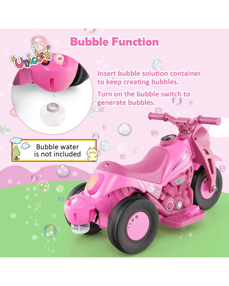 6V Kids Electric Ride on Motorcycle with Bubble Maker and Music-Pink - Pink - Powered Ride On Toys