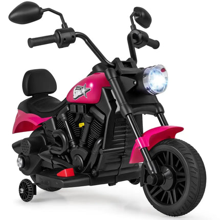 6V Kids Motorcycle with Headlight and Music and Training Wheels - Pink - Oasis Home Essentials