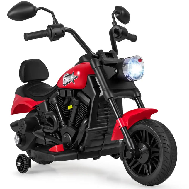 6V Kids Motorcycle with Headlight and Music and Training Wheels - Red - Oasis Home Essentials