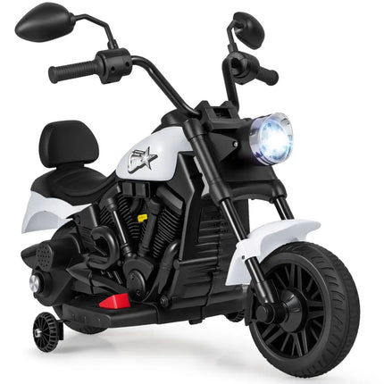 6V Kids Motorcycle with Headlight and Music and Training Wheels - White - Oasis Home Essentials