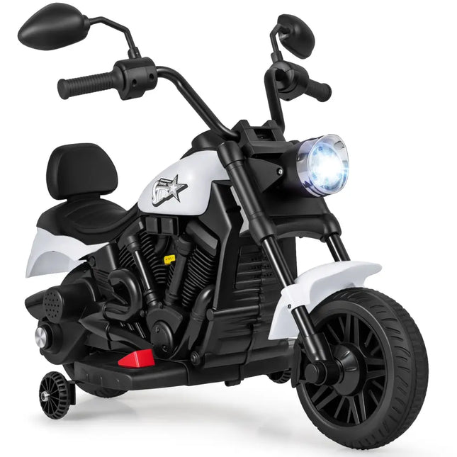 6V Kids Motorcycle with Headlight and Music and Training Wheels - White - Oasis Home Essentials