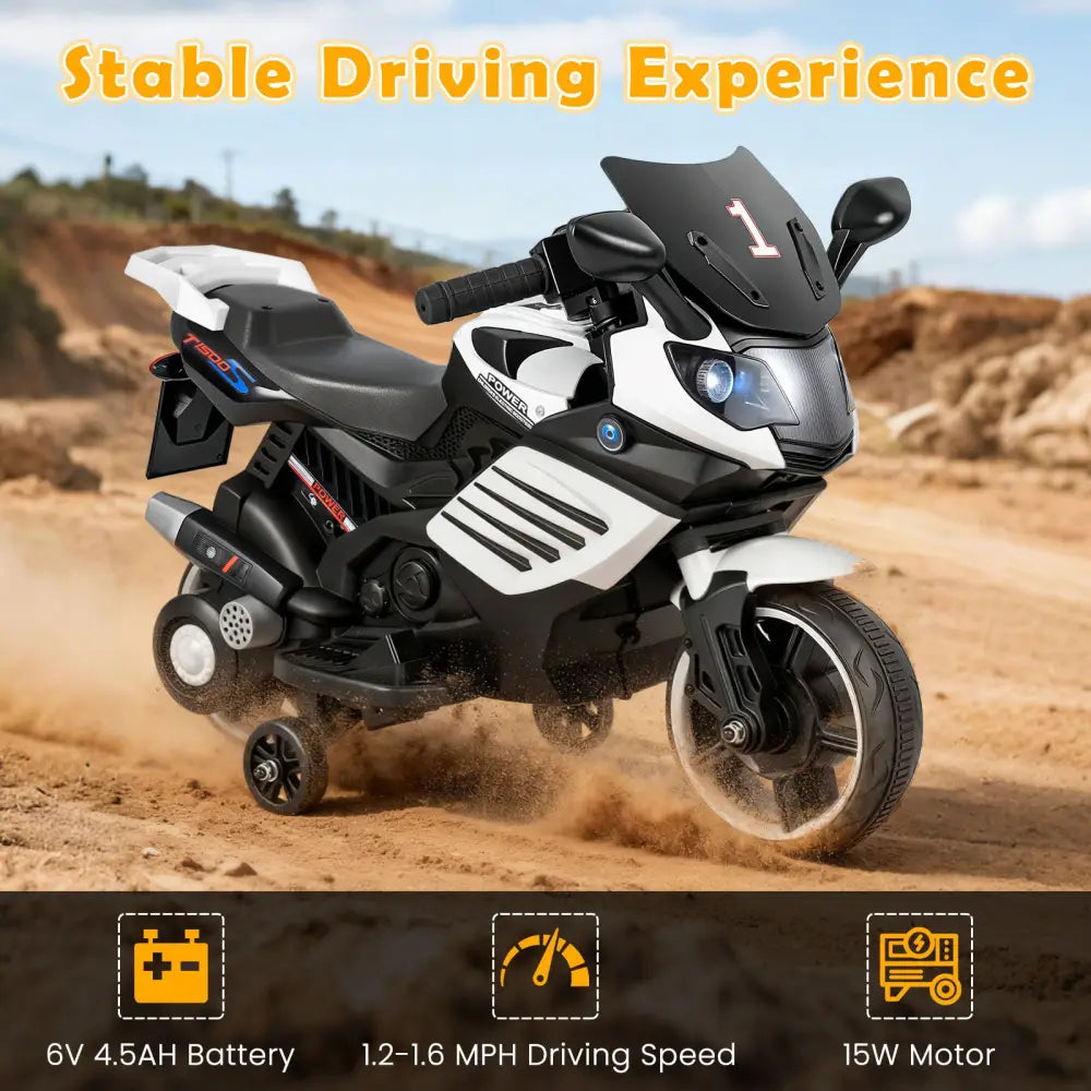 6V Kids Motorcycle with Headlights Music and Detachable Training Wheels-White - White - Powered Ride On Toys